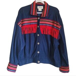RARE vintage southwestern fringe cowboy chic denim jacket 100% cotton plus sz 16